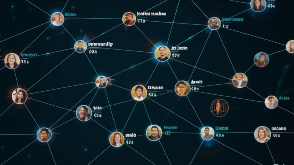 Network graph showing interconnected nodes representing x402 projects and community members, glowing with activity and connection