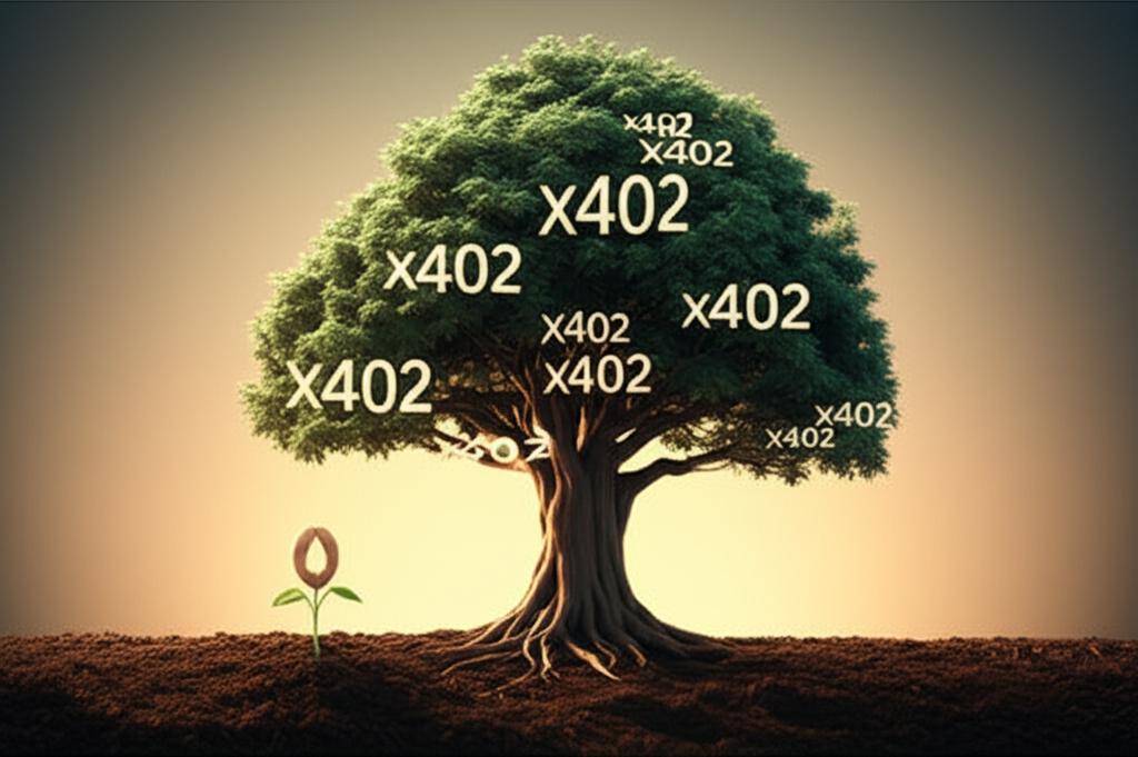 Visual of a seed growing into a large tree with x402 symbols on its leaves, representing growth, stability, and widespread adoption