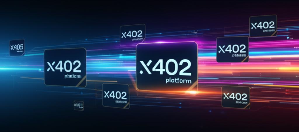Dynamic visual of a high-speed data stream connecting various x402 platform logos, illustrating fast discovery